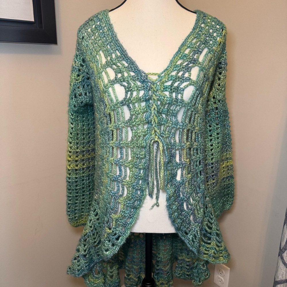 Handmade Crochet Boho Cardigan Green Blue Open Knit Back Motif Flared Hem